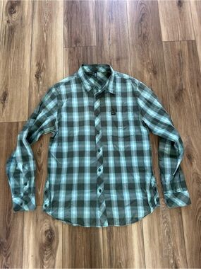 RVCA Men's Green and Teal Plaid Button-Down Shirt size large
